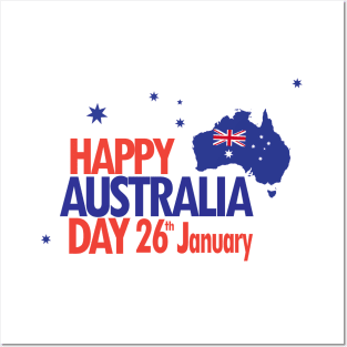 Happy Australia Day 26th January inscription poster with Calligraphy lettering, Australian Flag, Australia Map, stars and fireworks. Patriotic Holiday Posters and Art